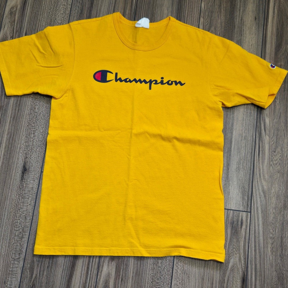 Champion Mens Script Logo Graphic T-Shirt Yellow Short Sleeve Cotton Medium